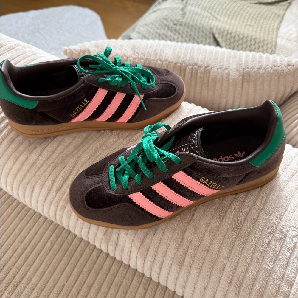 Adidas Gazelle Brown Sneakers with Pink and Green Accents